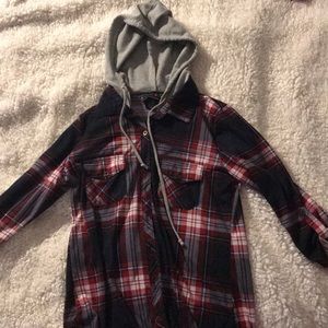 Blue and red flannel t-shirt with grey hood